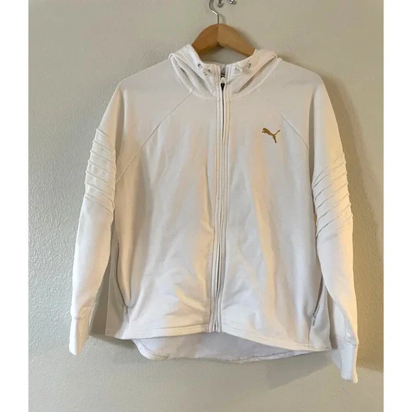 Puma Women's Full-Zip Hoodie Sweatshirt Large White Logo Pintuck Raglan Sleeve - Picture 2 of 10